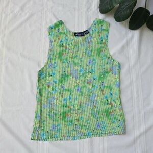 Grid accordian pleated green floral tank blouse